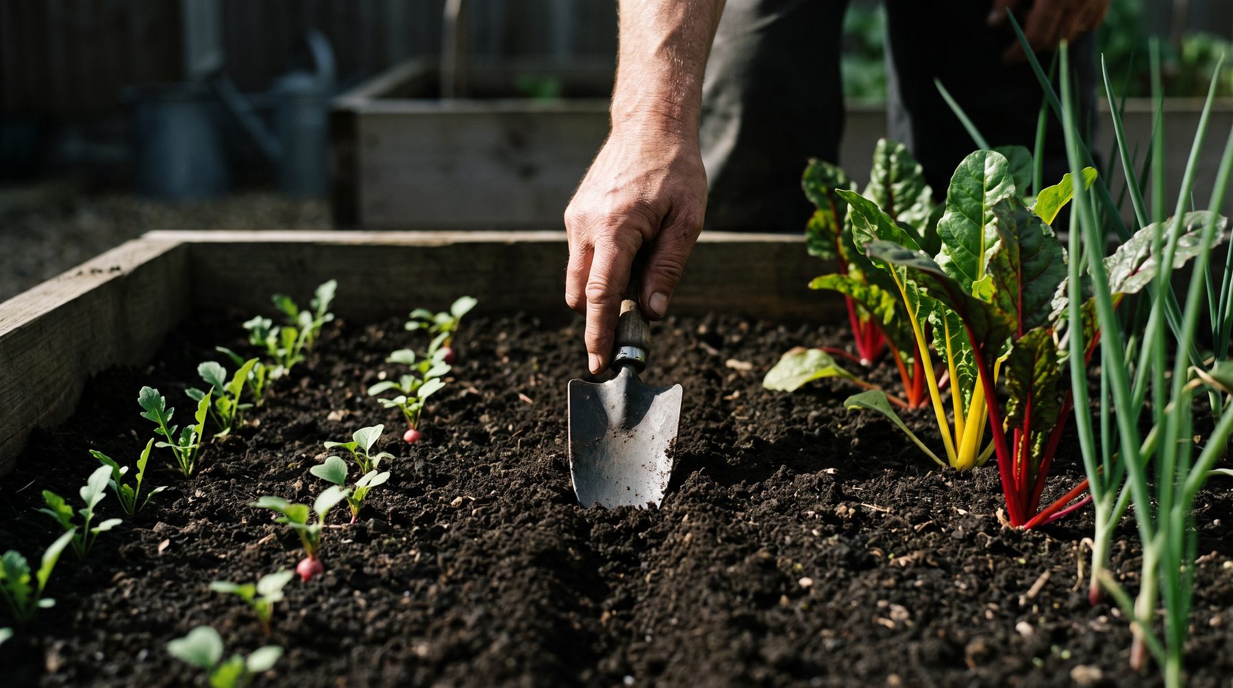 Sowing rocket and radish seedlings next to established chard and spring onions in a UK raised bed in August.